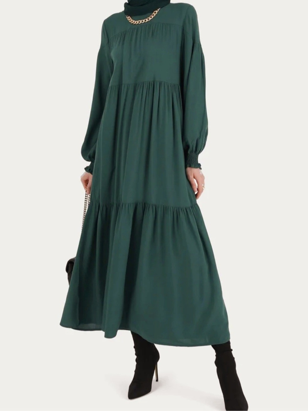 Forest Green Tiered Maxi Dress with Long Sleeves